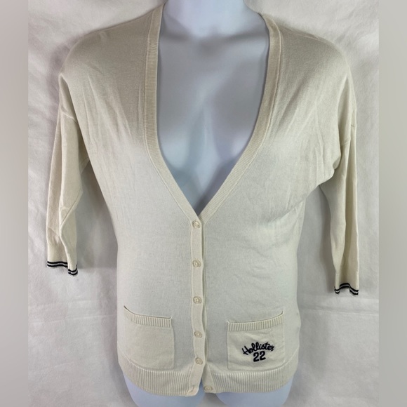 Hollister Sweaters - Hollister Womens Medium Cardigan Sweater White Navy Trim Logo 50s Letterman Top